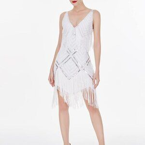 Womens 1920s Flapper Dress Gatsby with Accessories Kit White Sz L